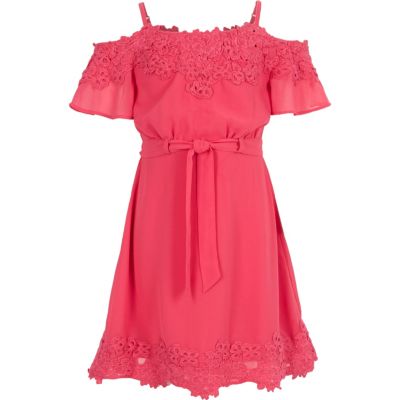 Girls pink lace bardot dress